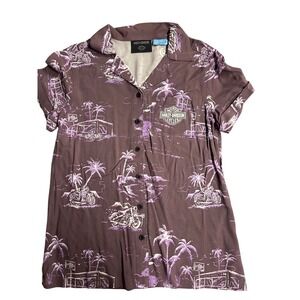Harley Davidson Women's Purple Tropical Motorcycle Button Up Shirt Size S